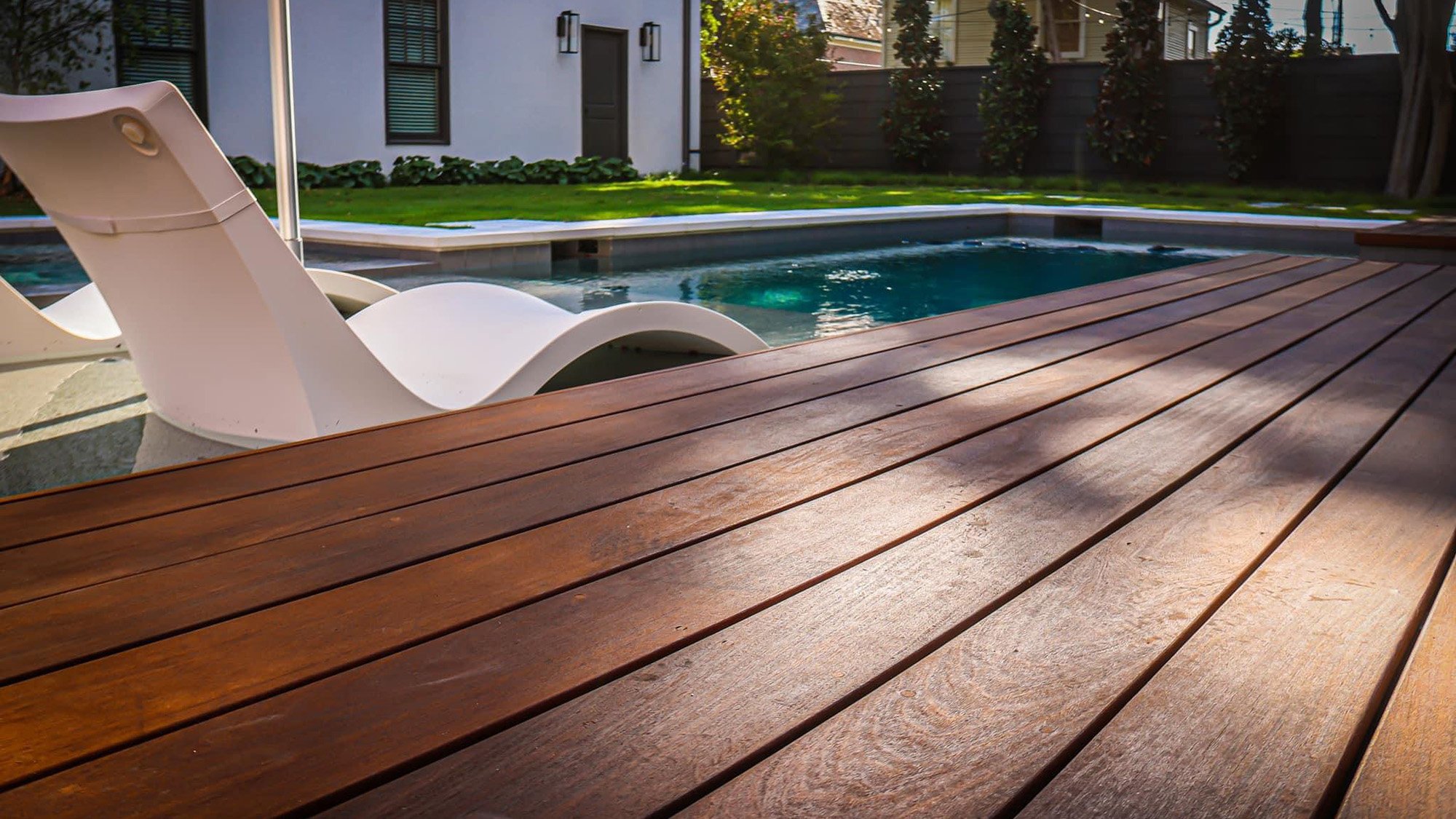 wood deck by pool
