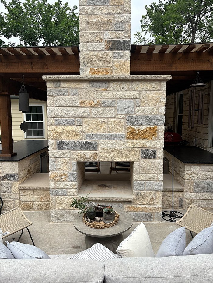 outdoor kitchen double sided fireplace dallas tx